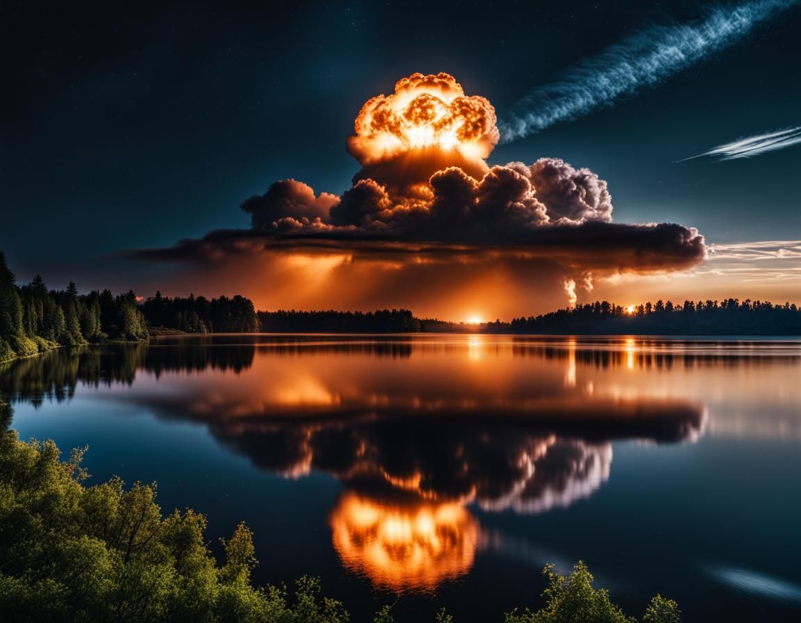 Dramatic Nuclear Explosion Reflected on Lake