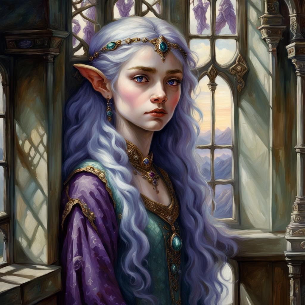 Pensive Elf Maiden at Palace Window, Matte Painting