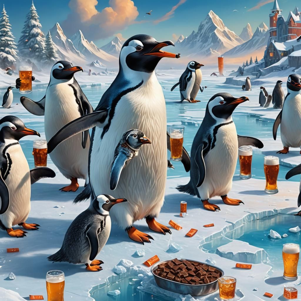 Penguin Ice Skaters Watched by Dogs, Fantasy Art