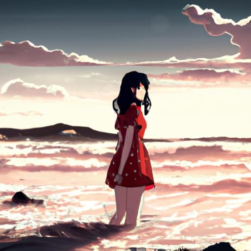 Girl in Polka Dot Dress: Ghibli-Style Sunset
