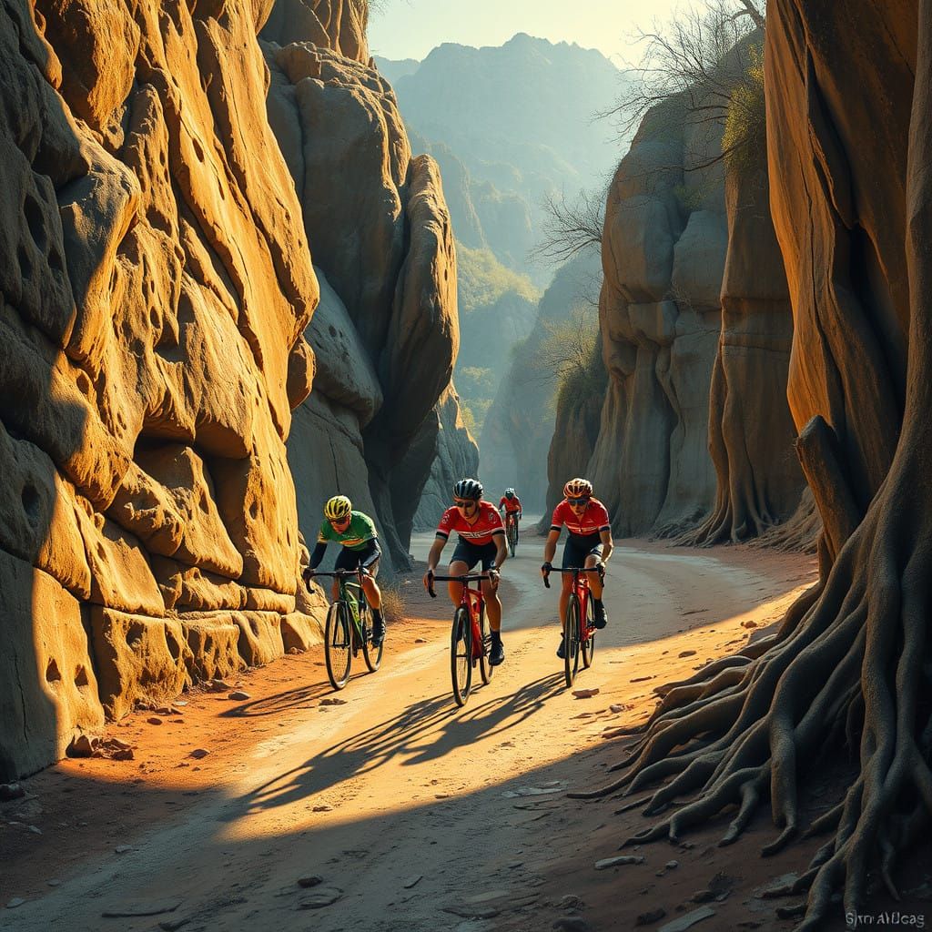 Cyclists Ride Through a Serene Impressionist Ravine Landscap...