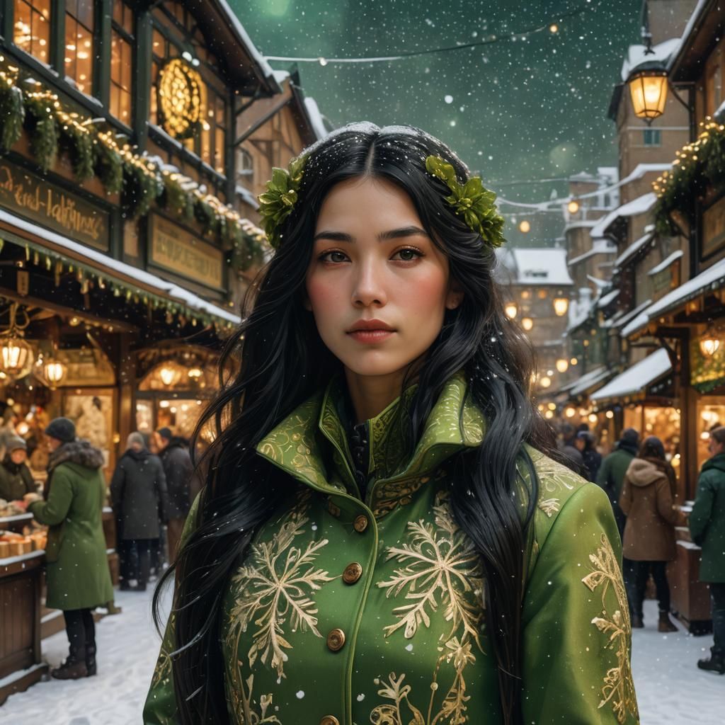 Jugendstil Girl in Green Suit at Christmas Market