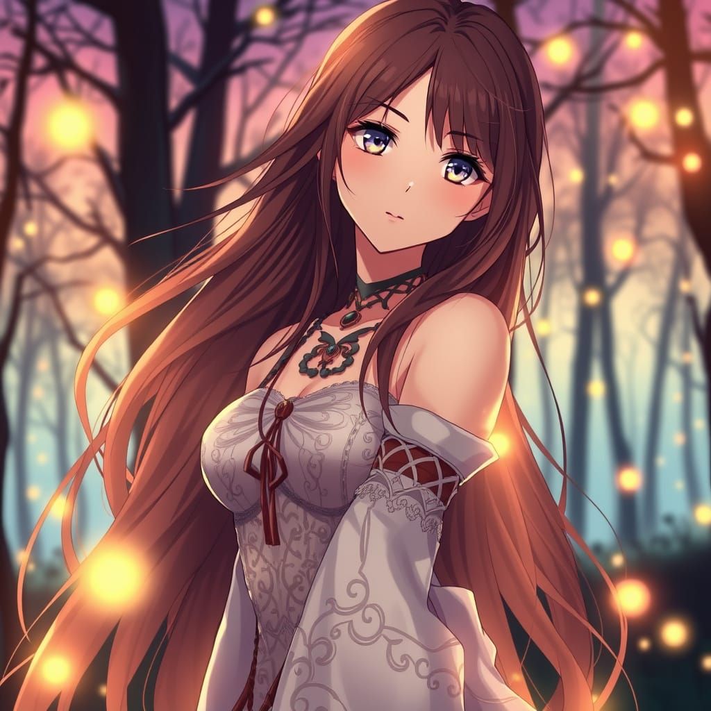 Anime-Style Woman in Mystical Forest at Dusk