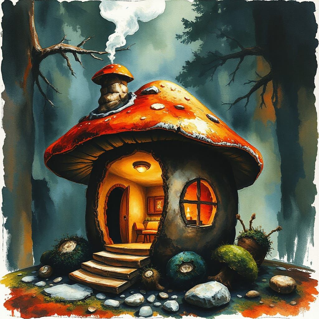 Mushroom House in Expressionist Watercolor Fractal Style