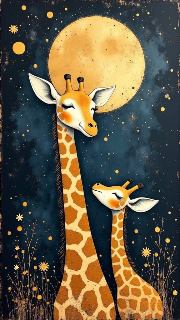 Giraffe Family Under Full Moon in Divine Oil Style