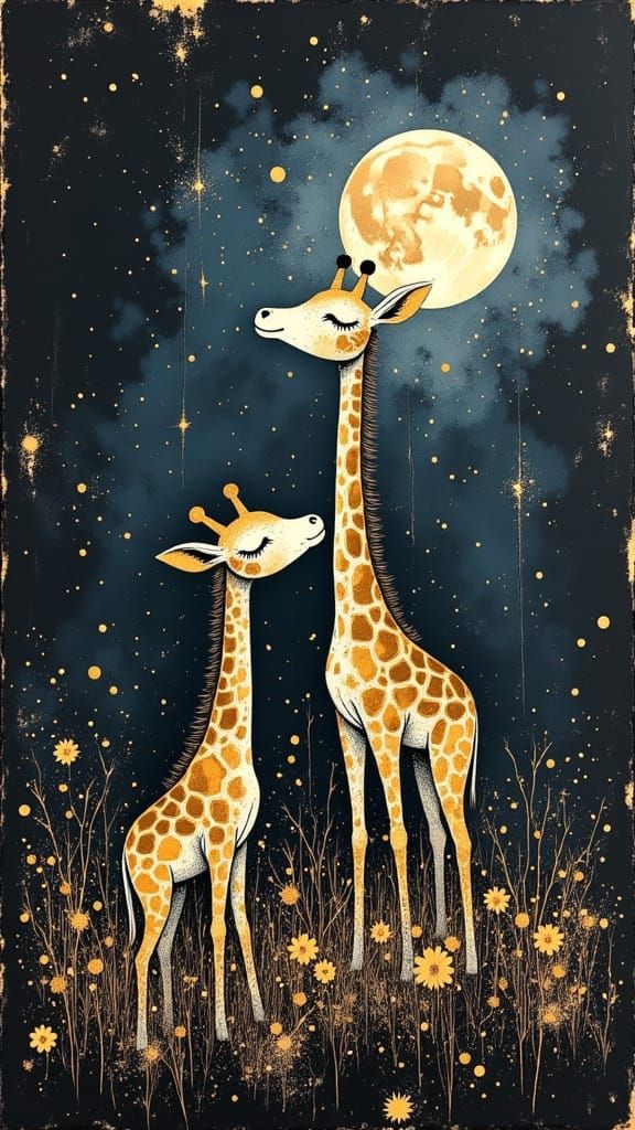 Giraffe Family Under Full Moon