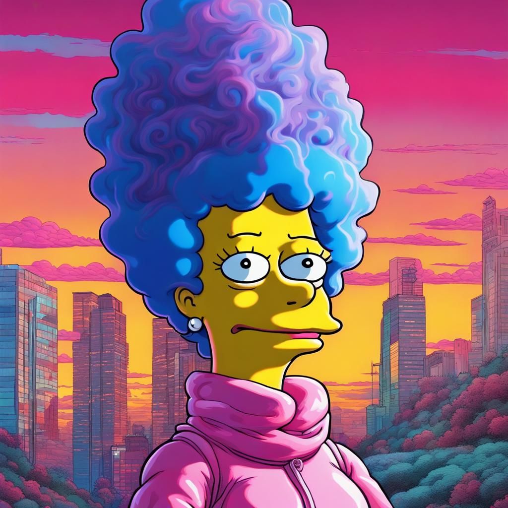Marge Simpson captured in a vaporwave aesthetic