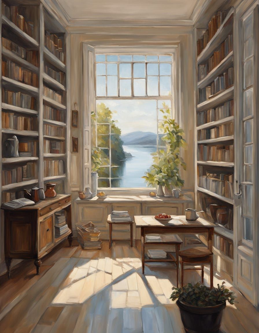 Minimalist Scandinavian Interior with Lake View: Oil Paintin...