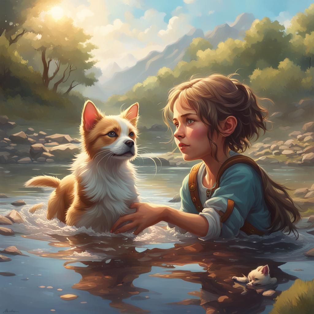 Puppy, Kitten, and Girl Play in River, Hyperdetailed Art