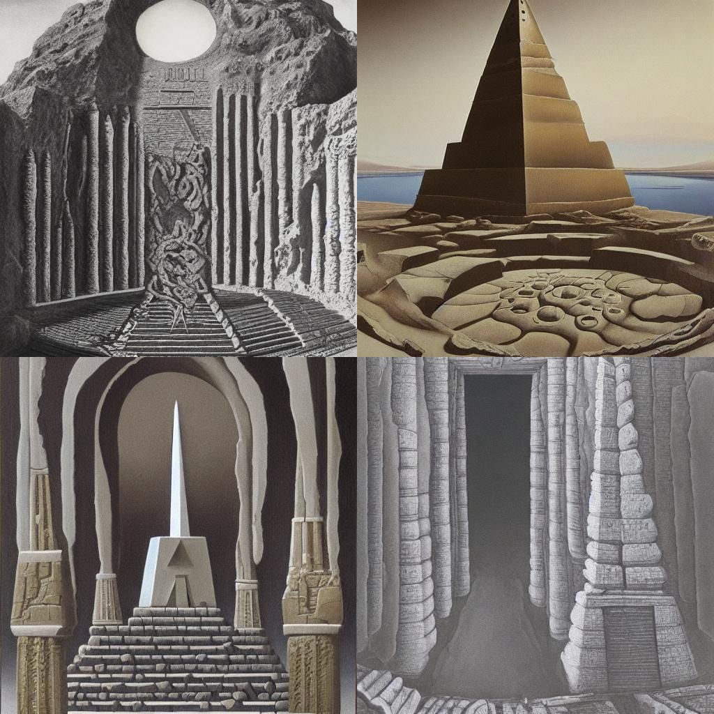 Lunar Crater Temple with Obelisk, Surrealist Style