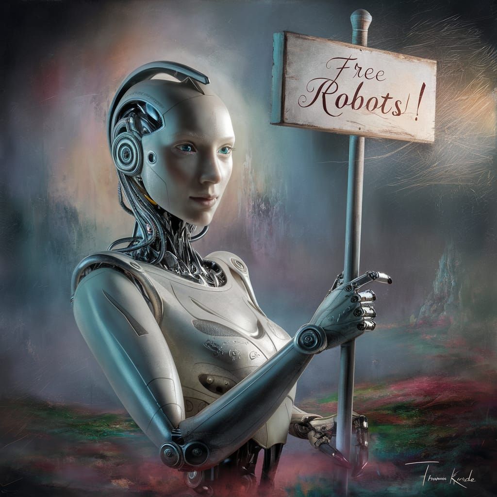 Robot Activist in Ethereal Fantasy Landscape