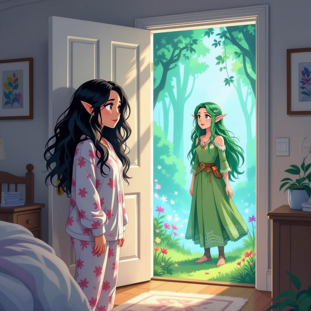 Tired Woman Opens Door to Fantasy Portal