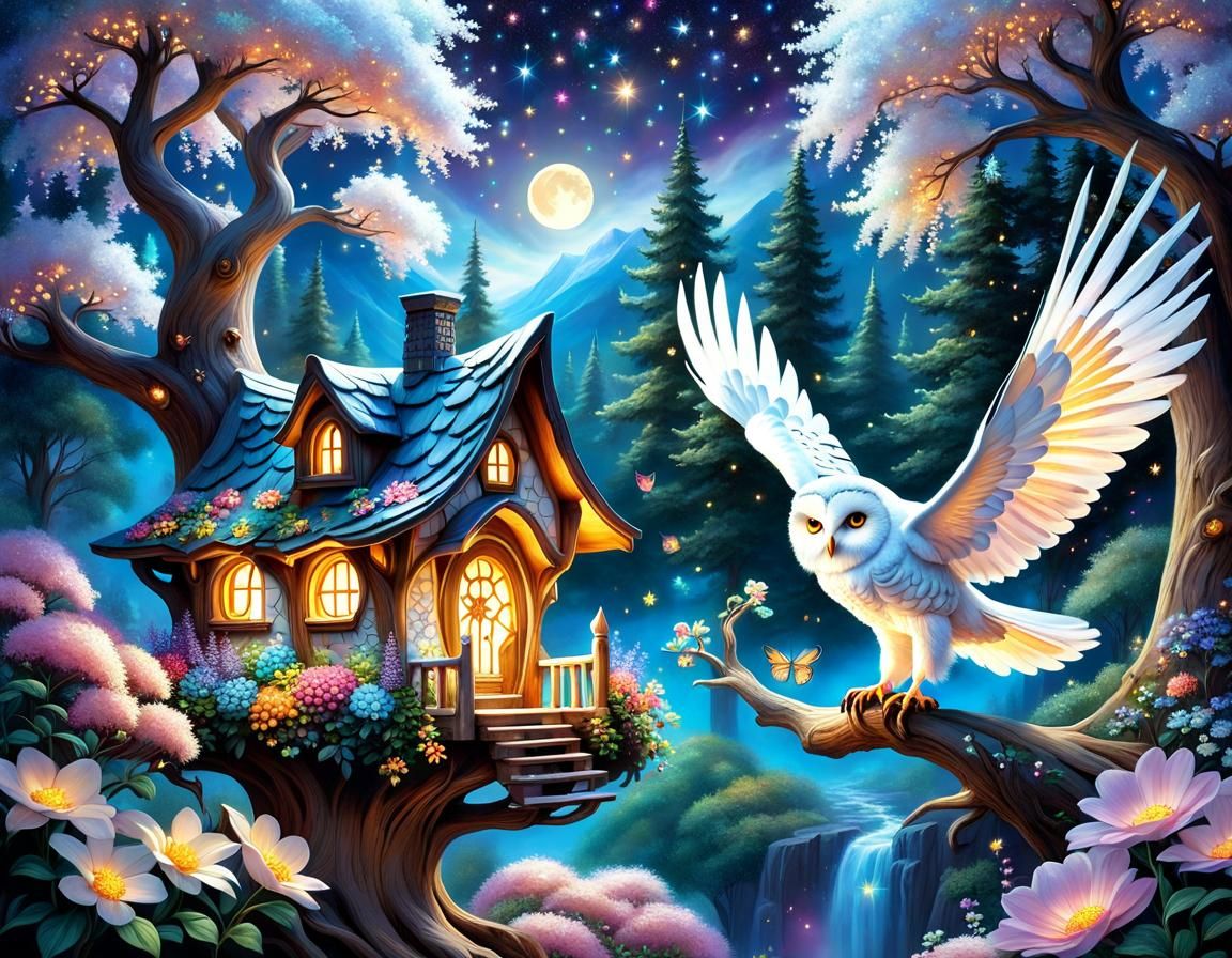 Opalescent Owl in Ethereal Forest at Night
