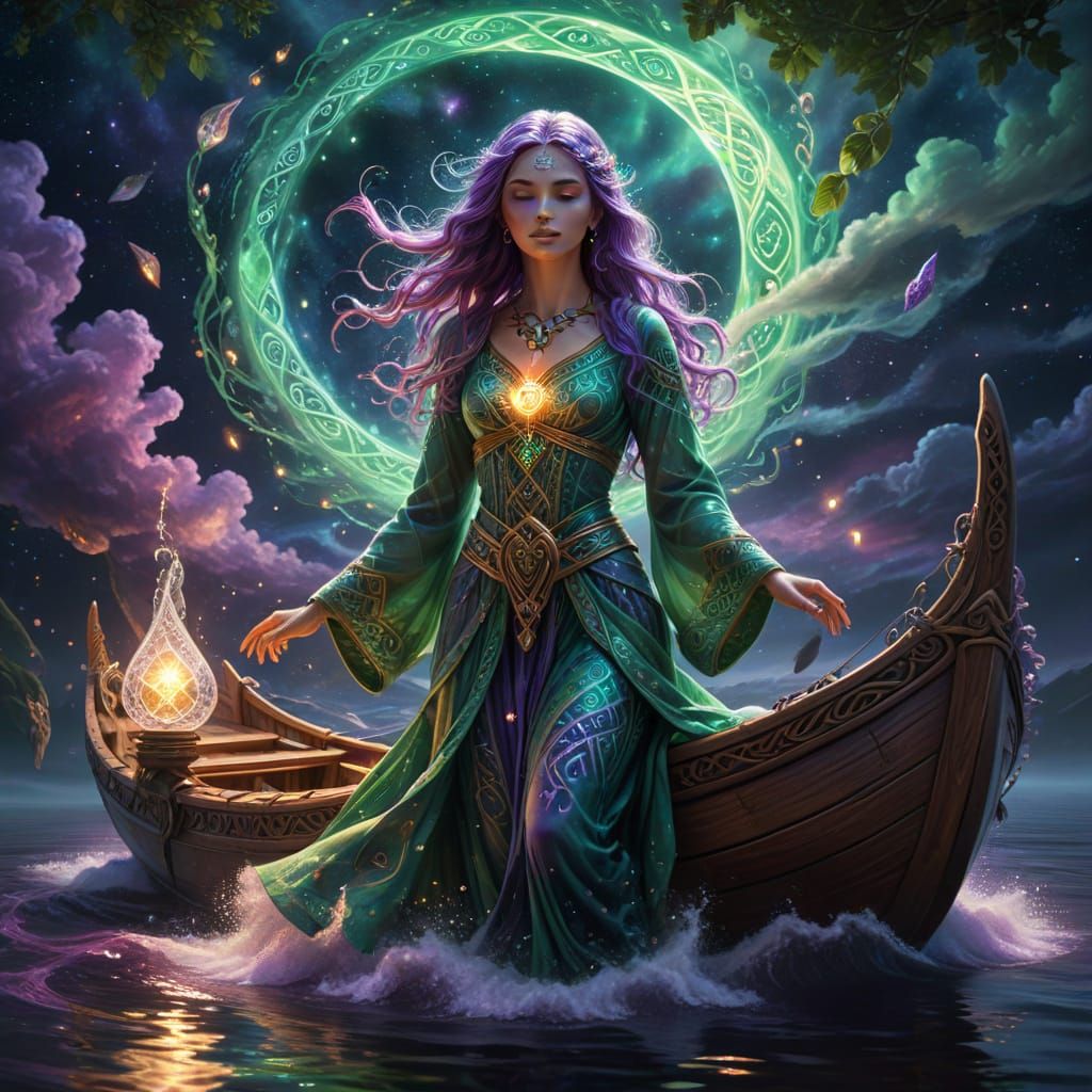 Ethereal Astral Goddess on a Shimmering Cosmic Barque