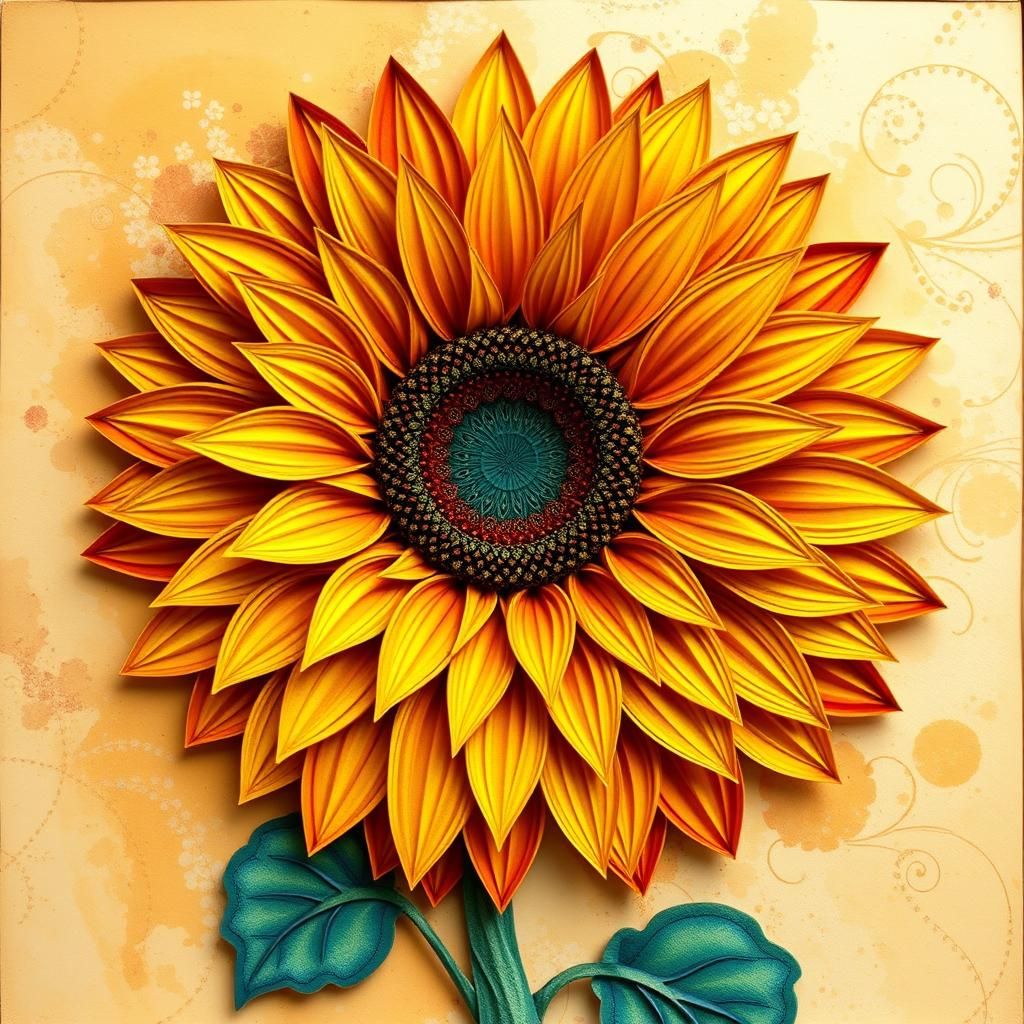 Quilled Peacock Sunflower Inspired by Ukiyo-e