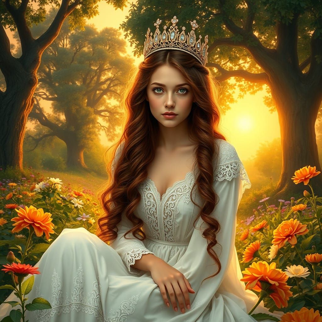 Serene Garden Goddess in Pre-Raphaelite Style