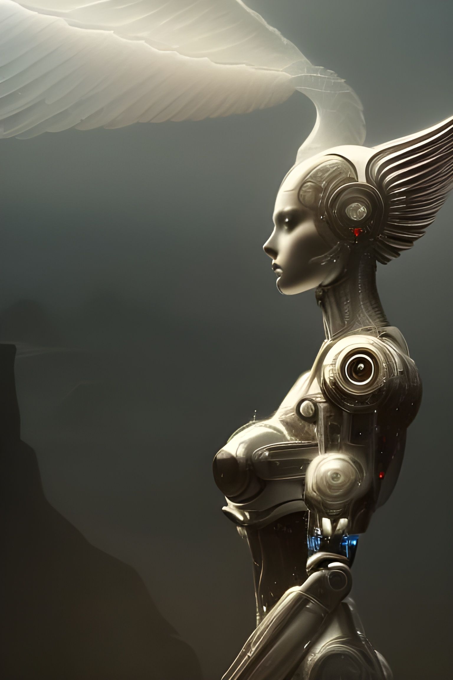Android Robot Angel with Wings in Sci-Fi Style