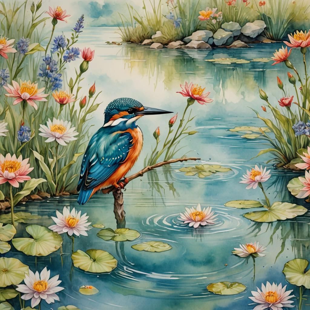 Kingfisher Bird in Watercolor Style