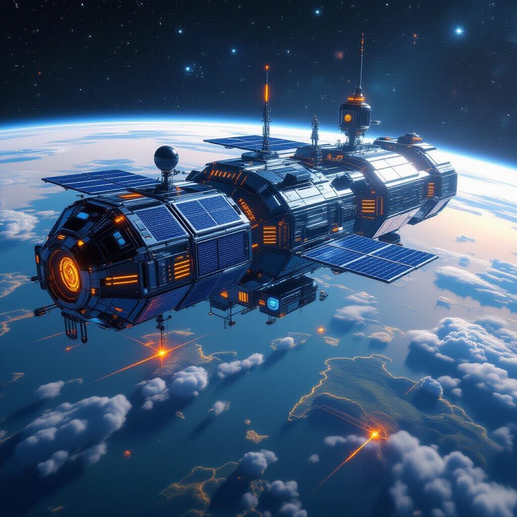 Cyberpunk Space Station Over Earth