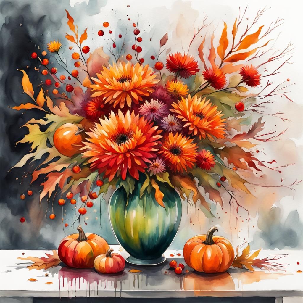 Autumn Bouquet in Watercolor Splash Art Style