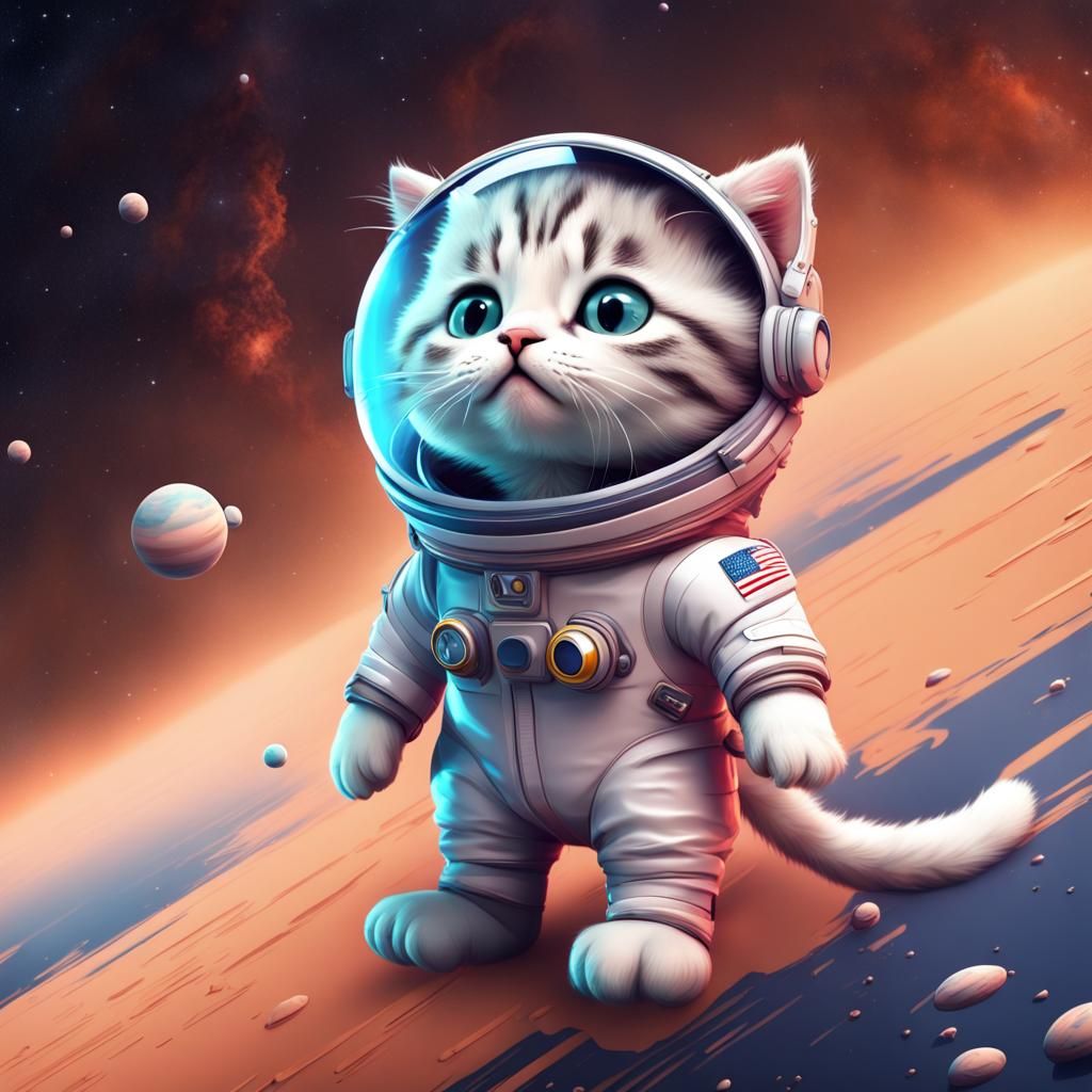 Cute Cartoon Kitten Astronaut in Space