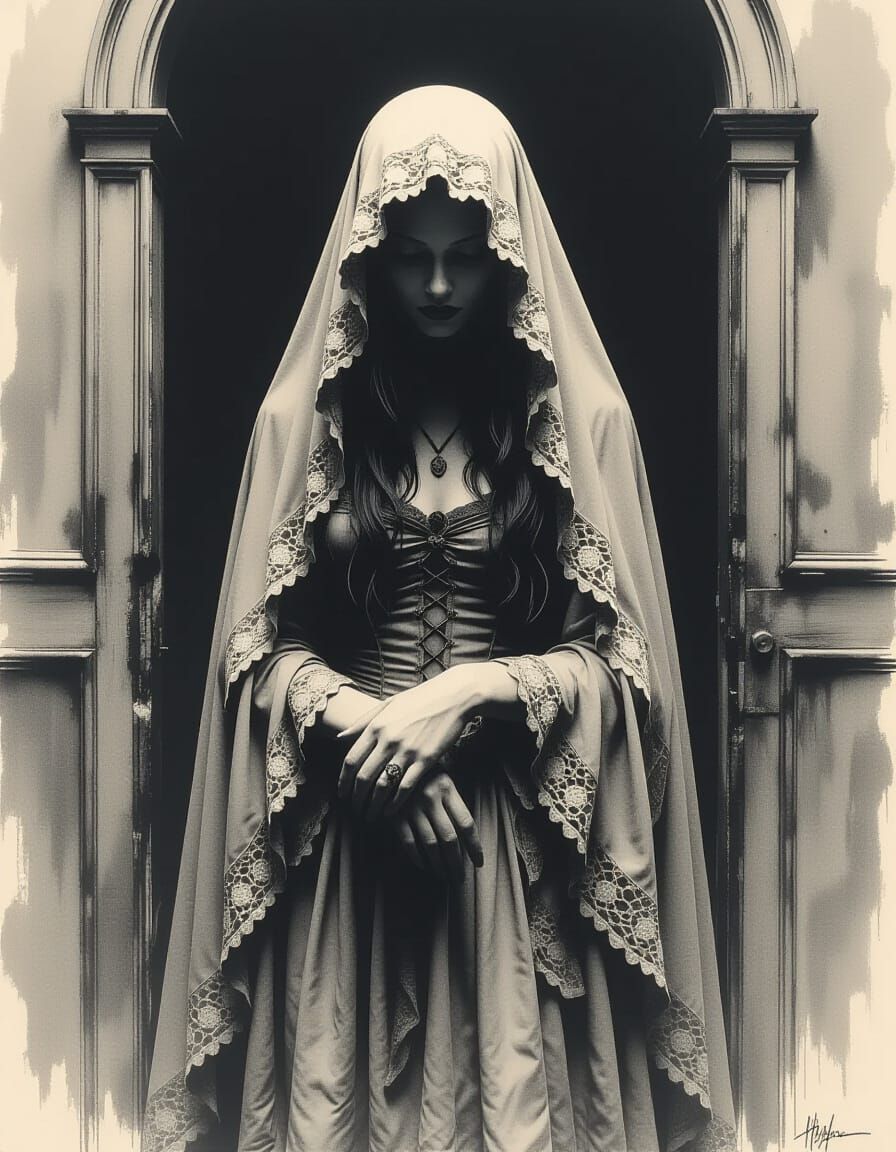 Gothic Woman in Charcoal Drawing Style