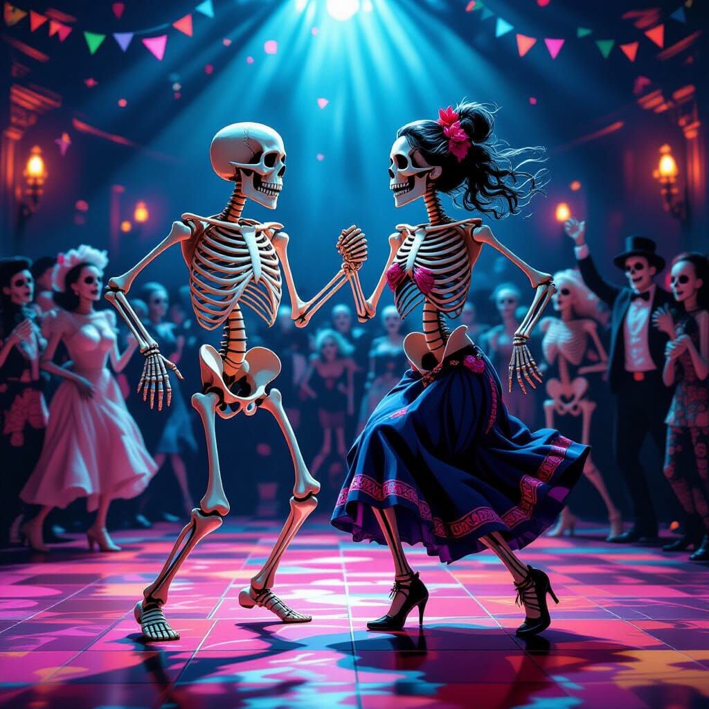 Skeleton Couple Dancing at Macabre Party
