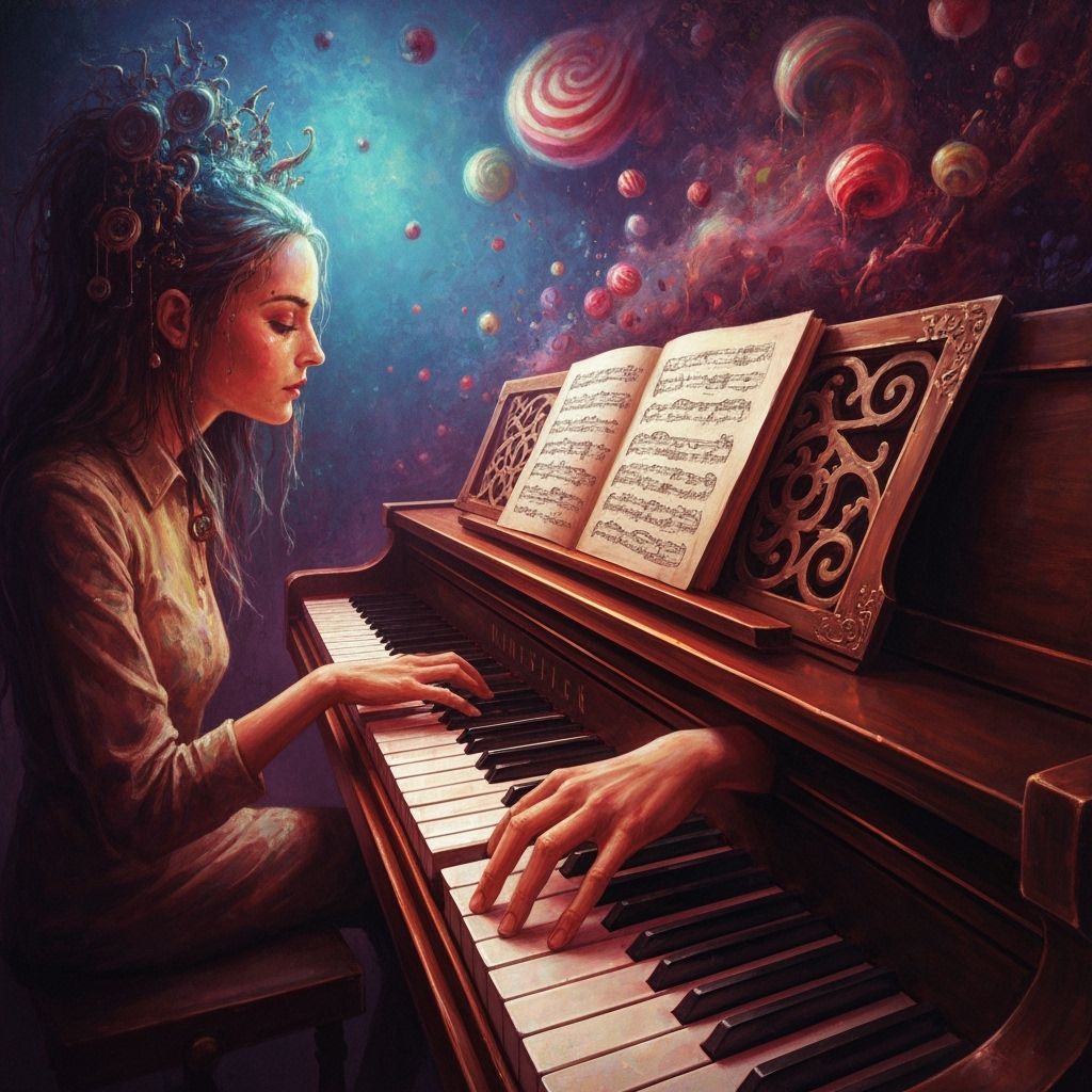 Enchanted Pianoforte Plays Itself in Cosmic Fantasy Art