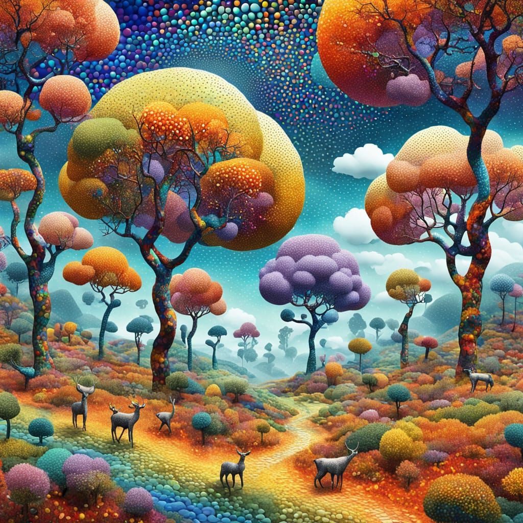 Spotted Surrealism: A Colorful Pointillist Landscape