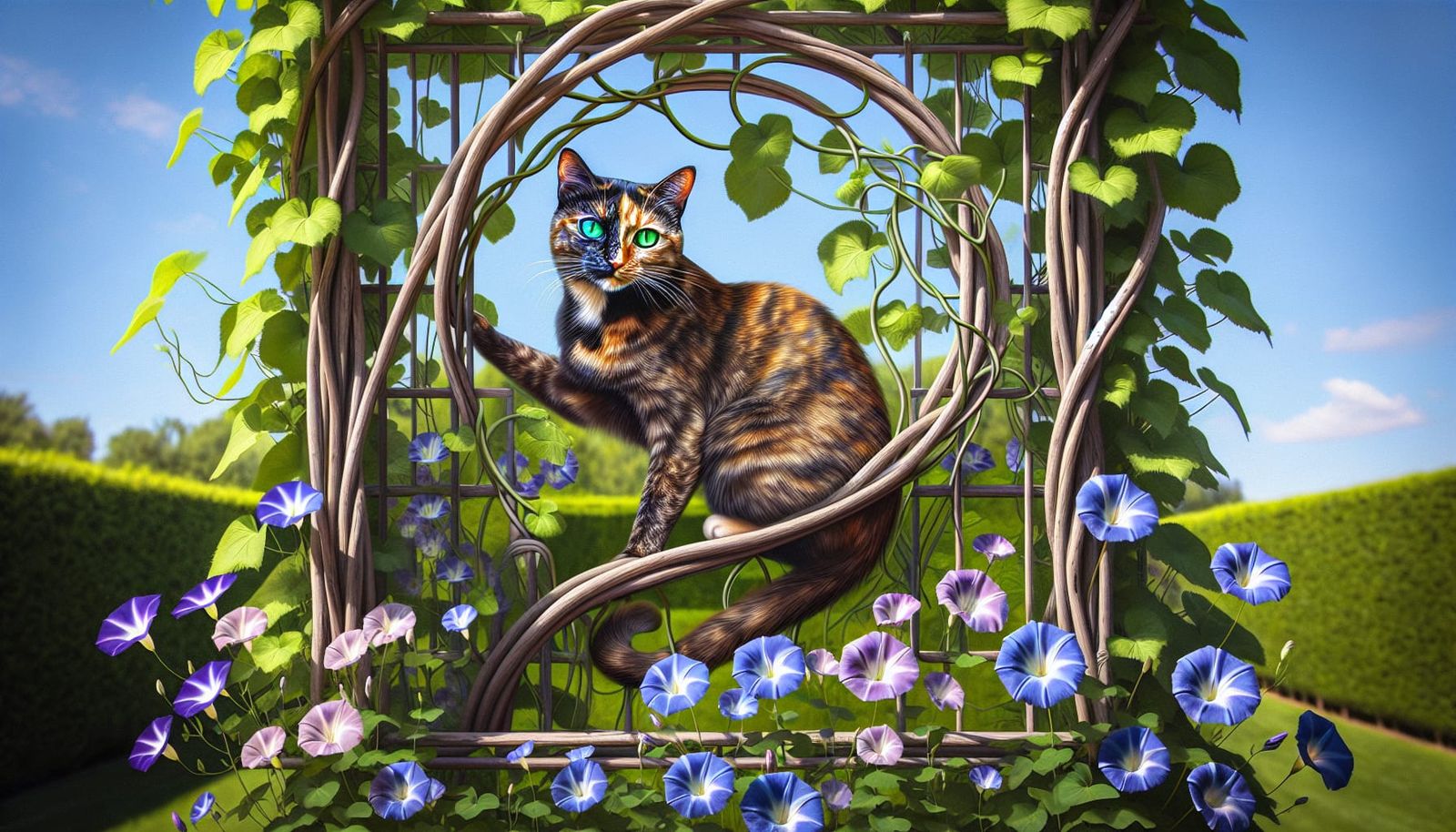 Tortoiseshell Cat in Garden Trompe l'Oeil