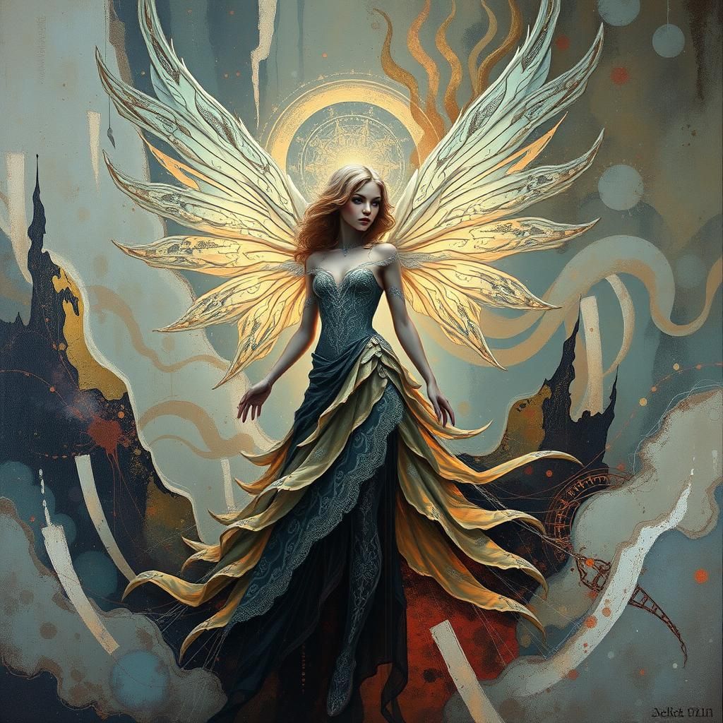 Aetherpunk Elf Angel in Sci-Fi Landscape as Impasto Painting