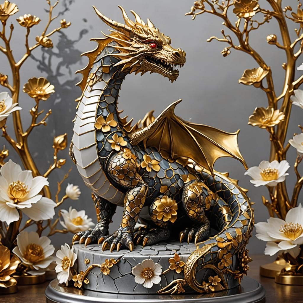 Radiant Honey Dragon Sculpture with Kintsugi Elements