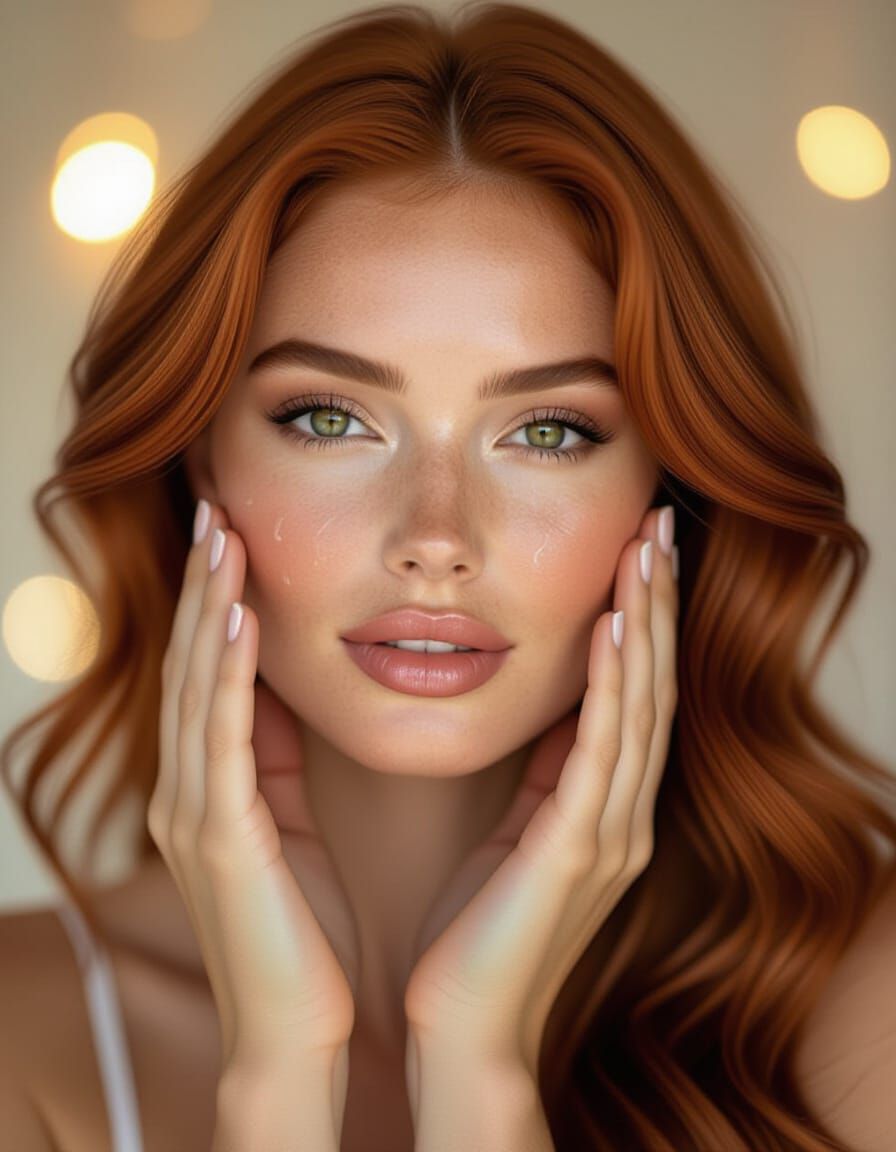 Red-Haired Woman Applying Toner in Soft Light
