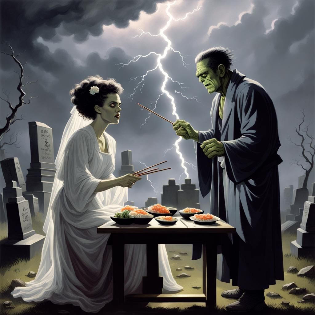 Frankenstein and Bride Share Sushi, Horror Art