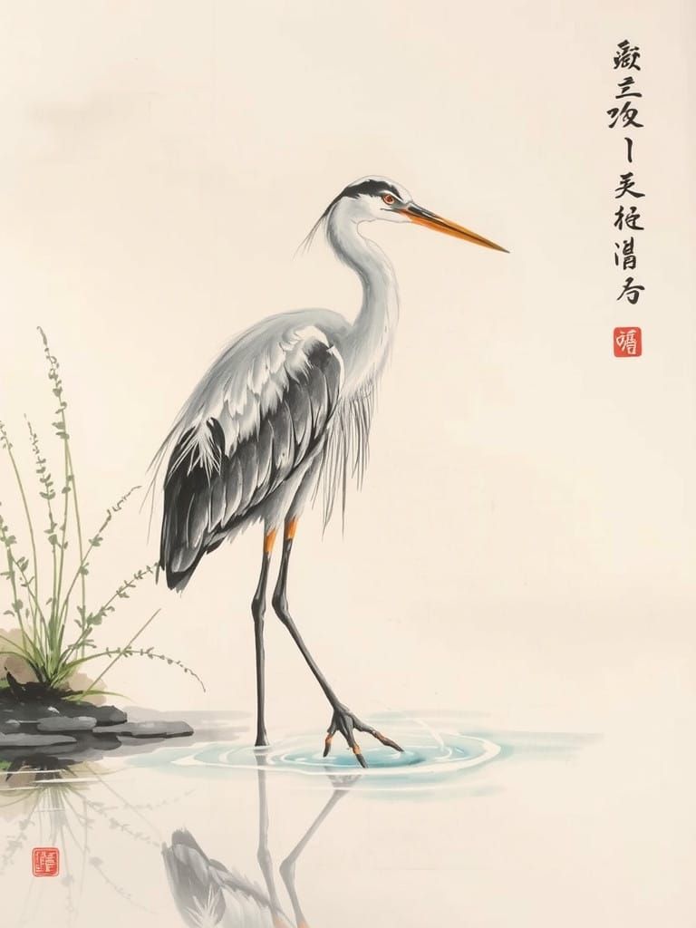 Elegant Heron Wading in Traditional Japanese Watercolour