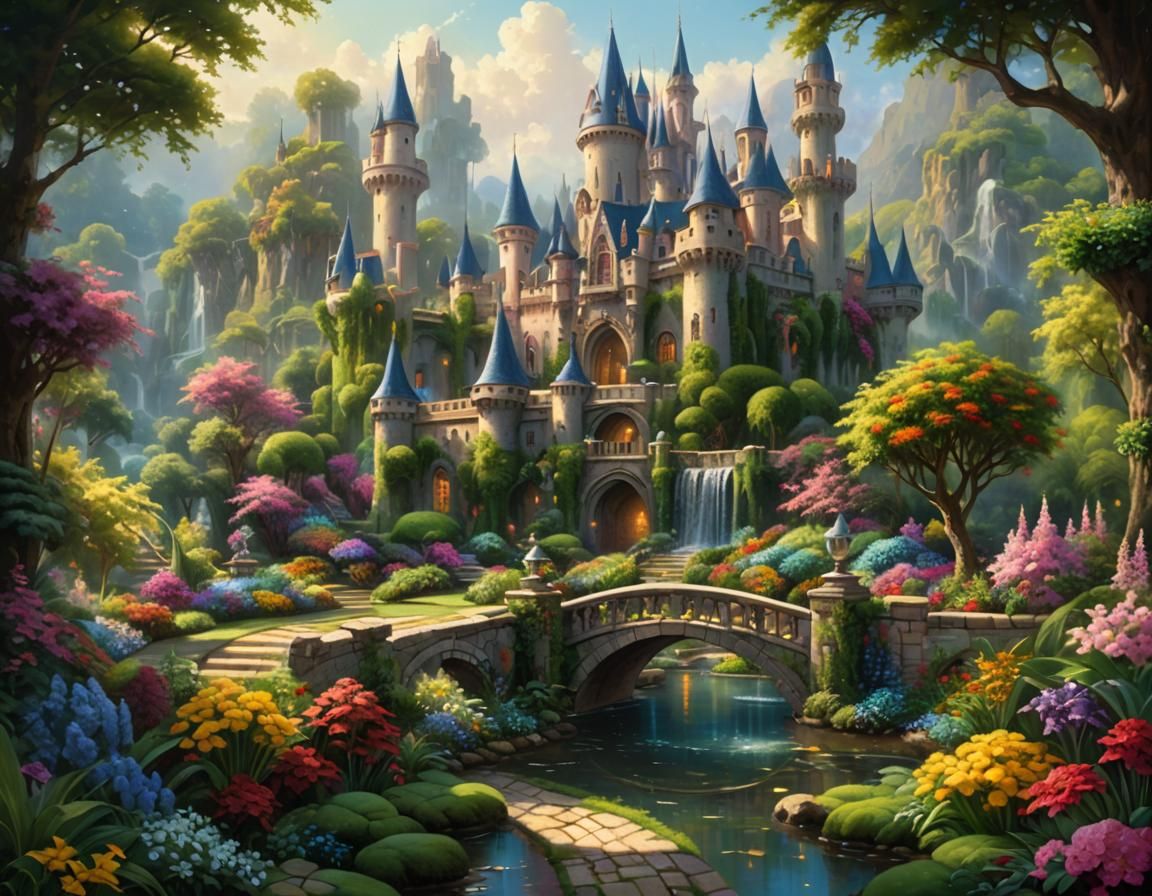 Lush Fantasy Castle Garden in Oil Painting Style