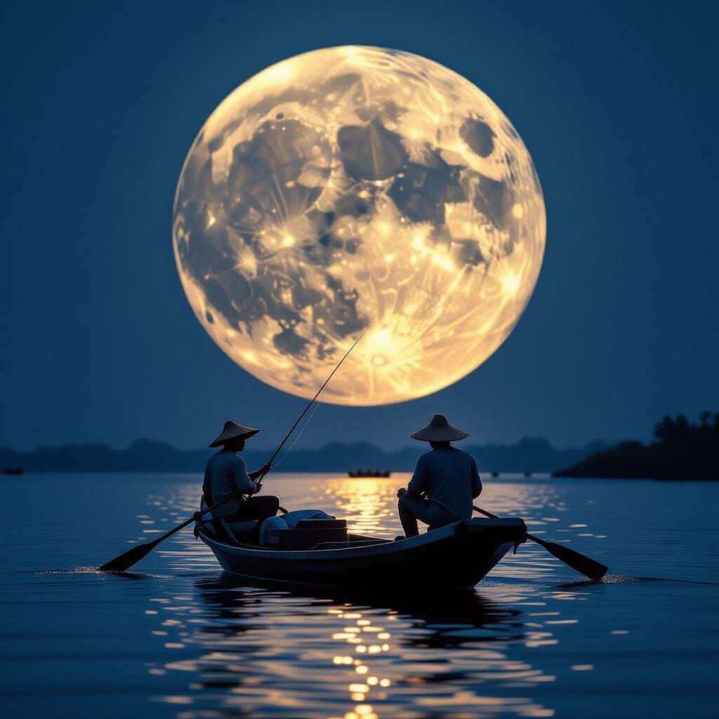 Fishermen on Sampan Under Crescent Moon at Night