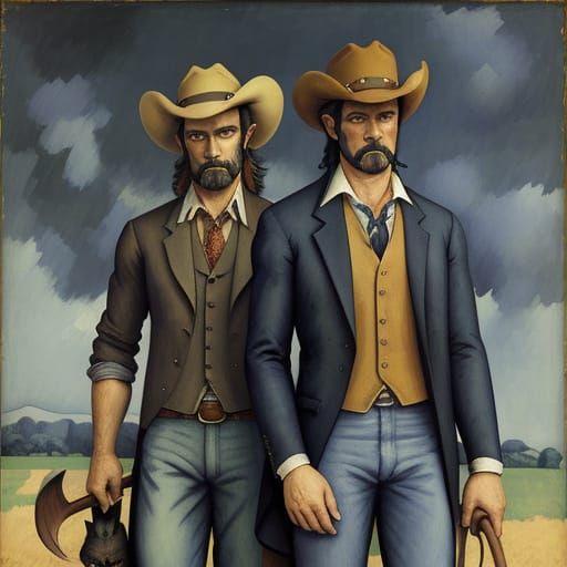 Cowboy and Cat with Bat in Cezanne and Magritte Style