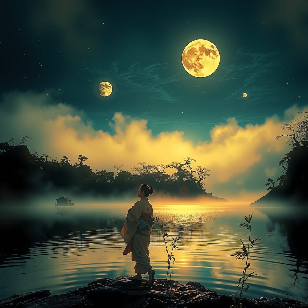 Serene Japanese Woman in Moonlit Futurism