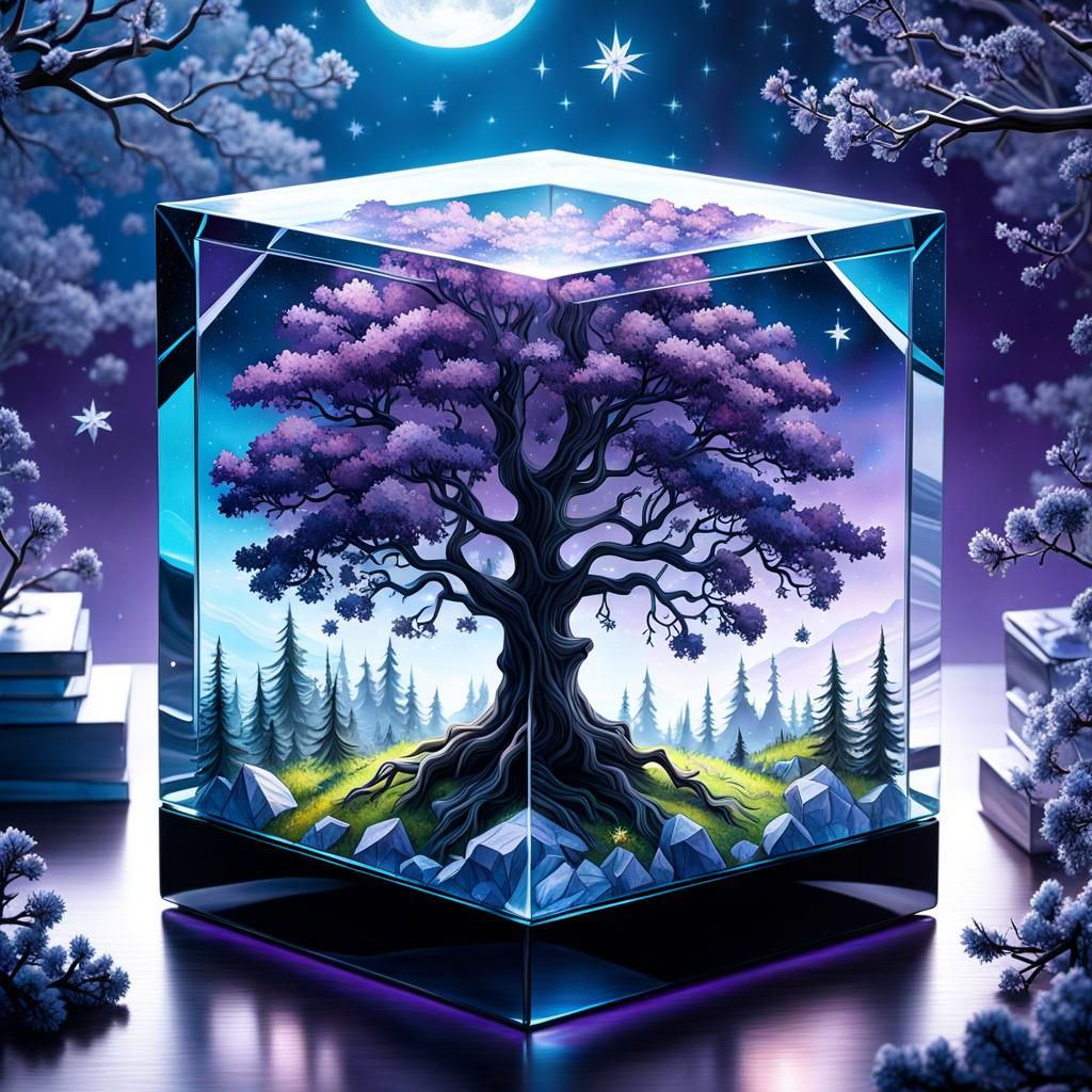 Glass Cube Oak Tree in Gothic Cel-Shaded Style
