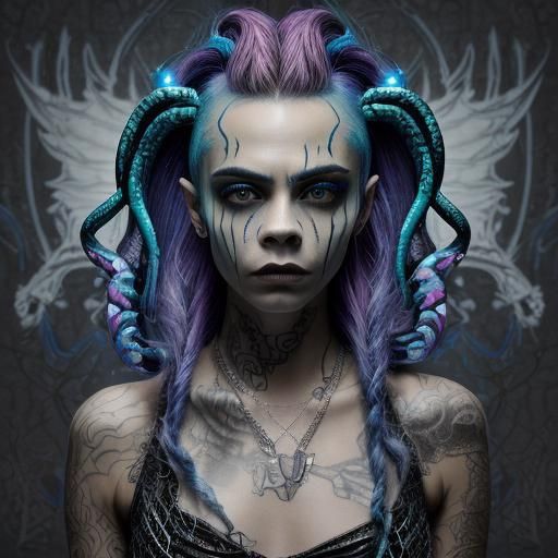 Creepy Medusa with Glowing Mohawk in 3D Watercolor