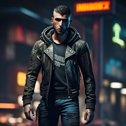 Cyberpunk Latino Nomad in Neon Cityscape