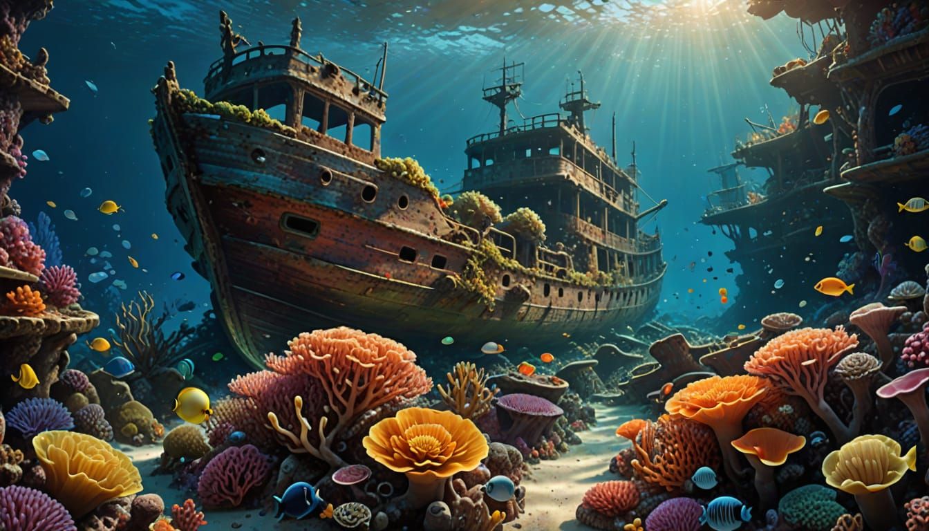 a vibrant coral reef with glowing anemones, a giant old and decayed scenic wooden  shipwreck....