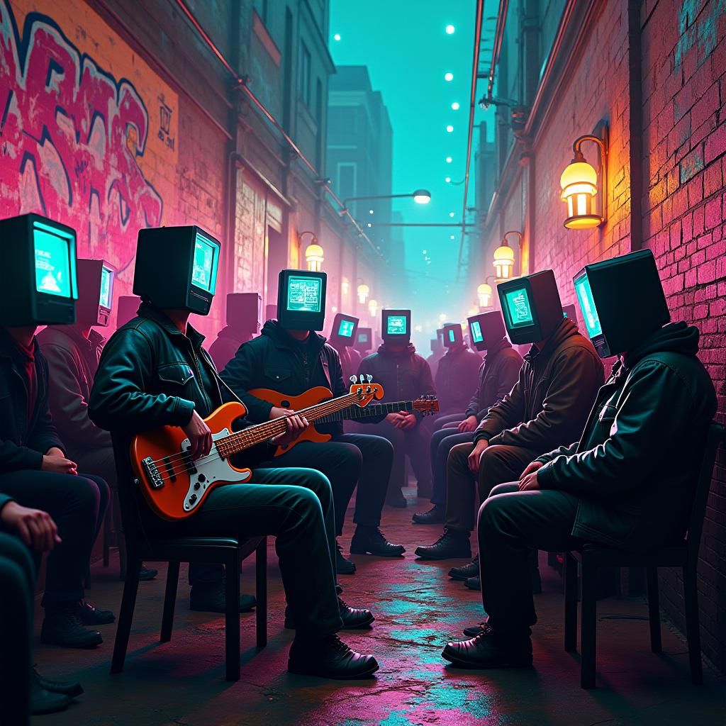 Cyberpunk Musician Playing for Screen-Headed Crowd