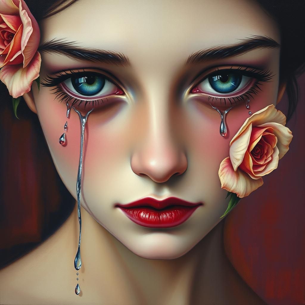 a surreal abstract portrait of a female, there are tears  shaped like  roses flowing down  her face from her eyes, abstr...