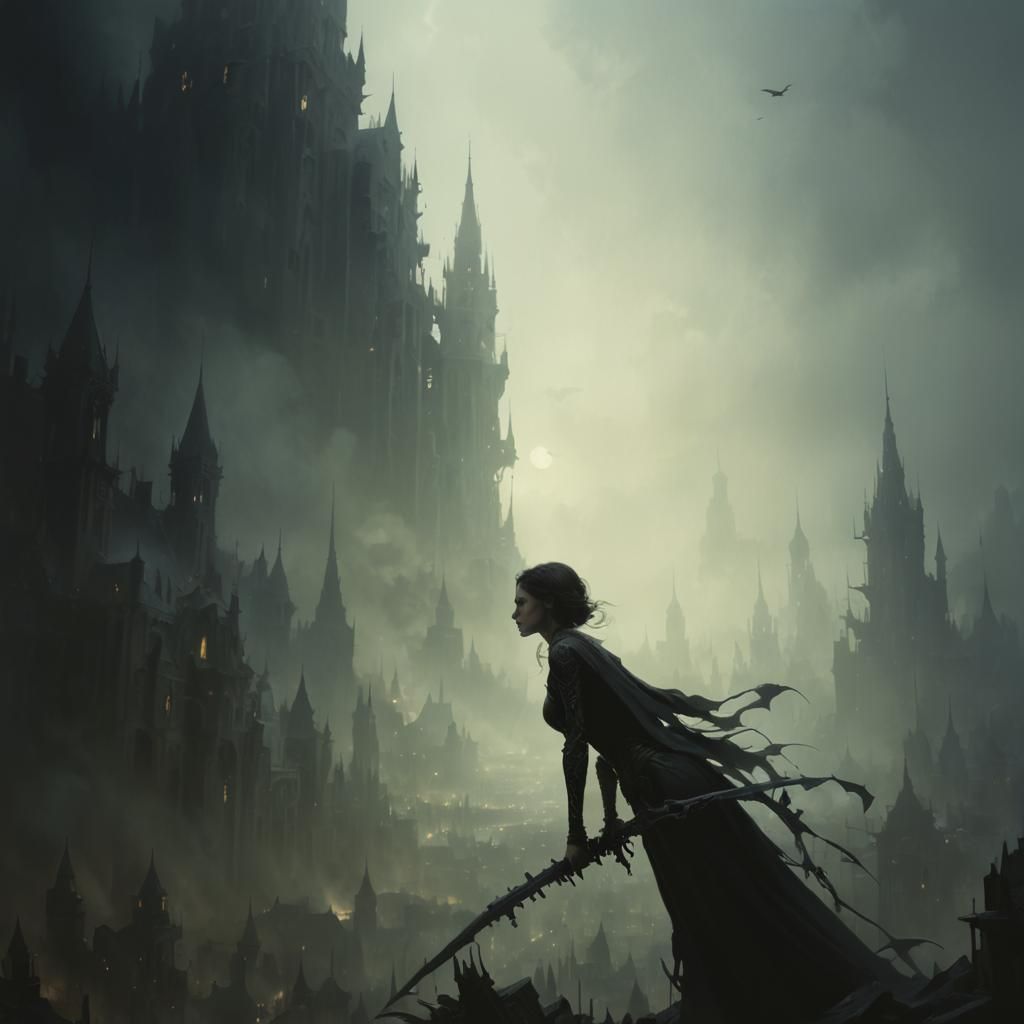 Ethereal Fantasy Cityscape Under Darkening Skies