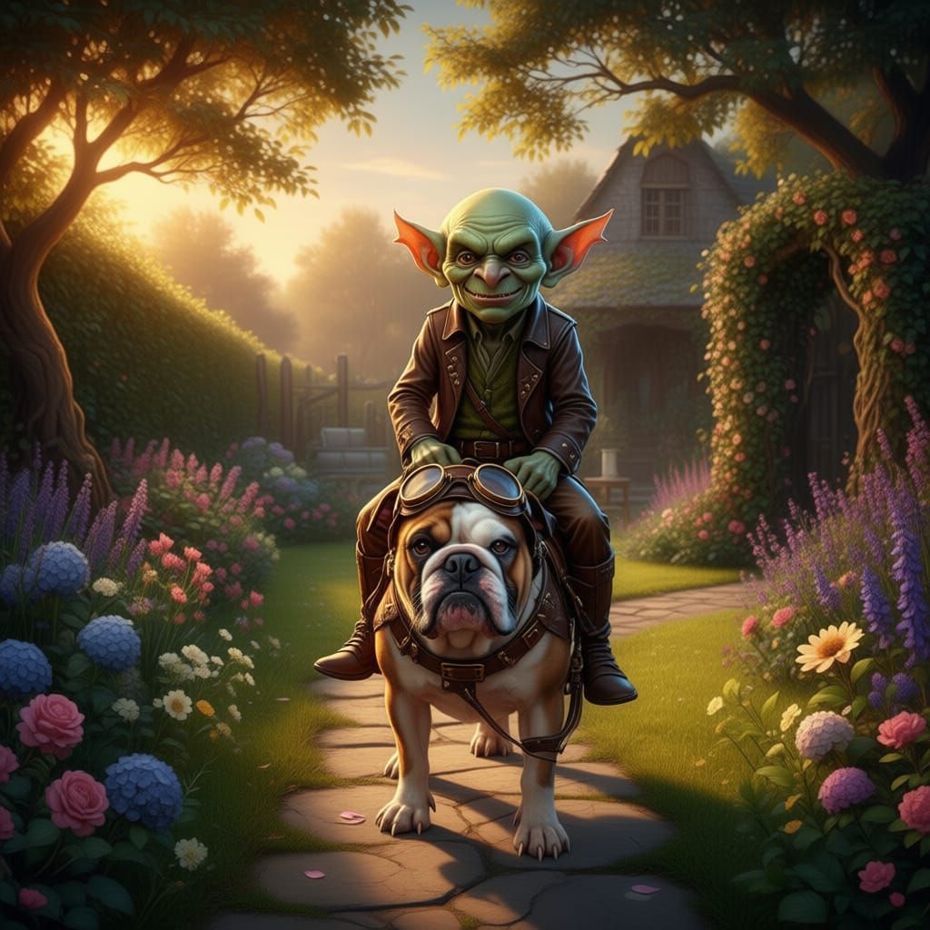 Goblin Rides Bulldog Through Garden