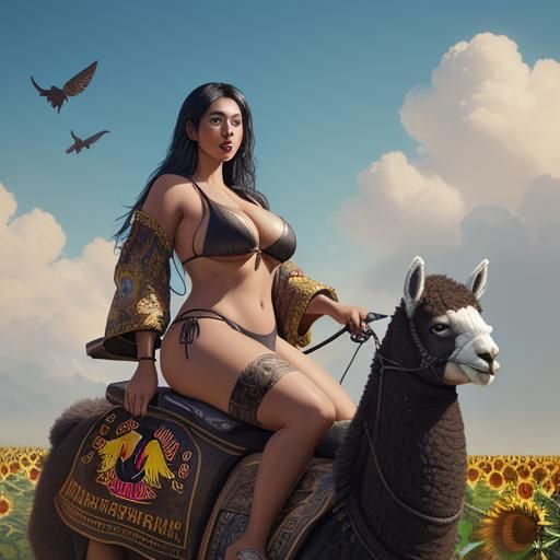 Woman Rides Alpaca with Red Bull: Fantasy Art