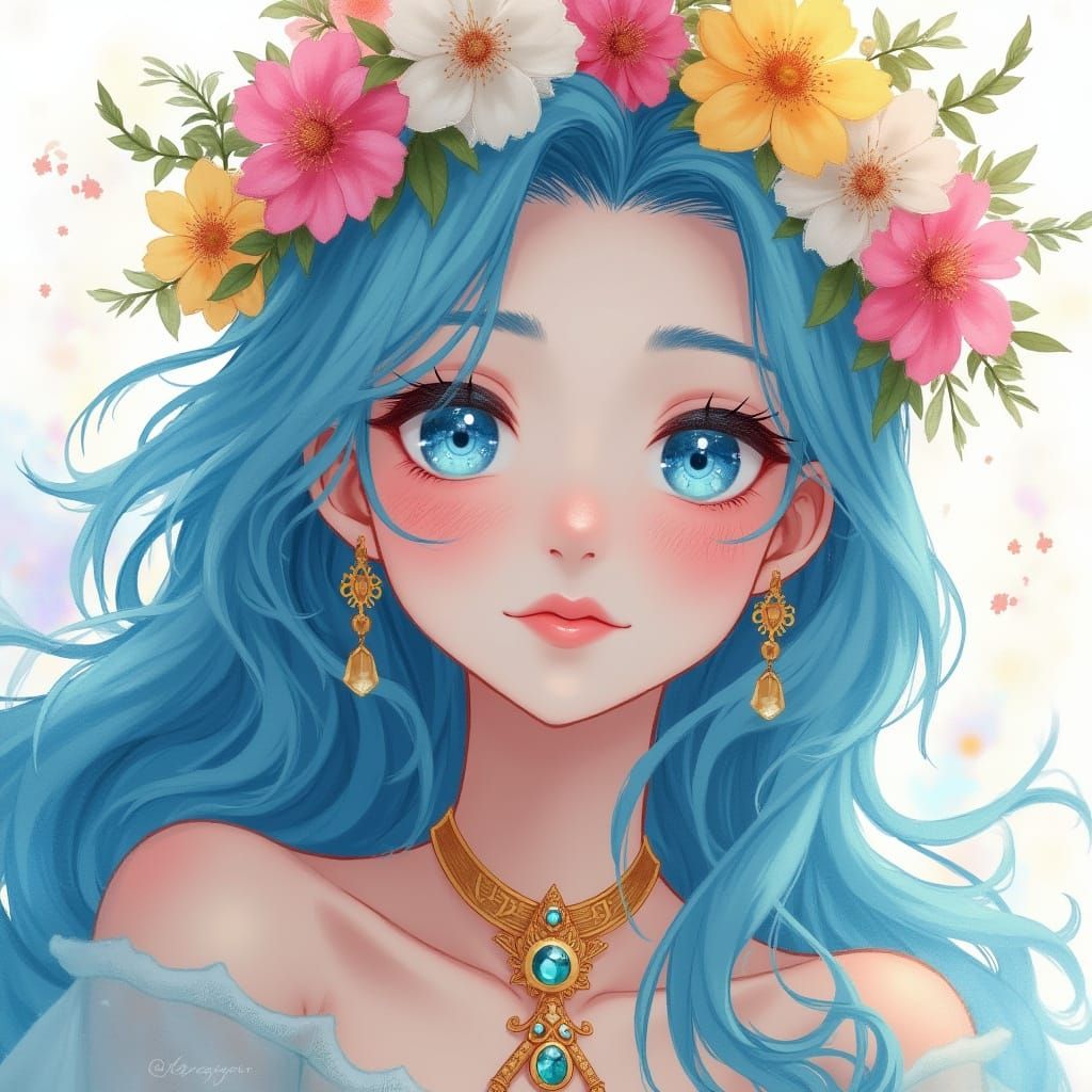 Ethereal Woman with Blue Hair in Digital Watercolor Style