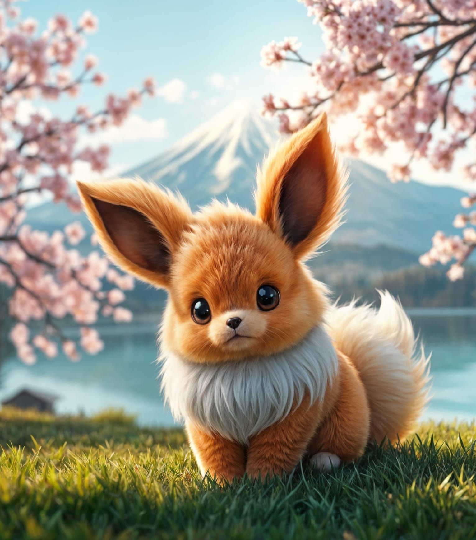 Hyper Realistic Eevee in Japanese Landscape with Mount Fuji